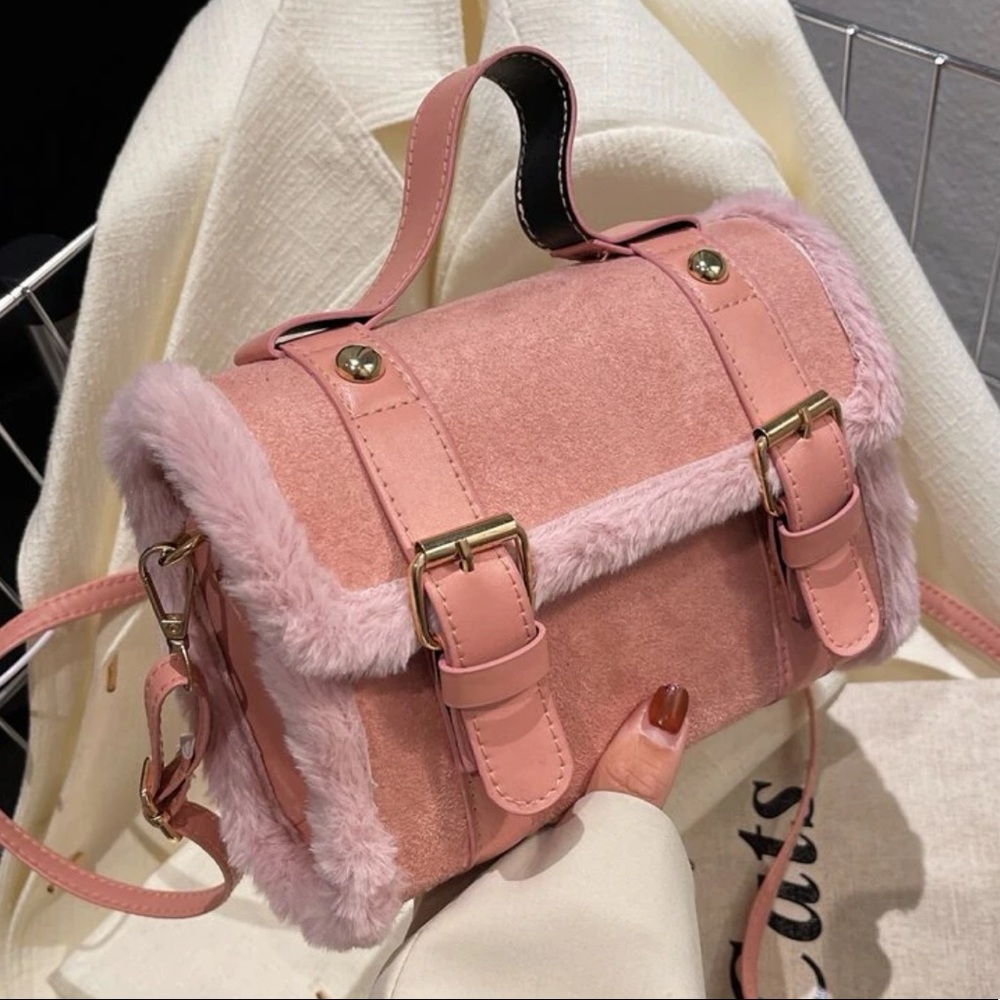 Pink mini fluffy trim buckle square bag